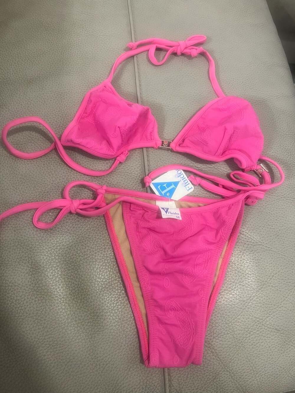 Vintage Brazilian Fluidos Hot Pink Textured Paisley Triangle Bikini Set with Sid